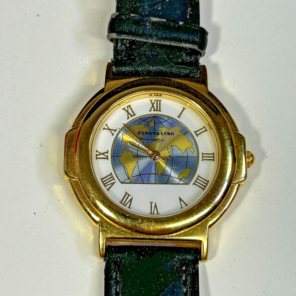 Edward Lynn Men's Quartz Watch World Map Dial Gold Tone Roman Numerals Works